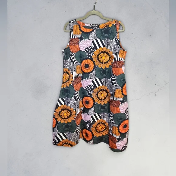 Marimekko x Uniqlo Floral Dress L Nordic Print Cotton A-Line Shift Retro Mod - Picture 2 of 6